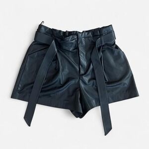 Zara Womens XL Black Faux Leather High Waist Paperbag Shorts Tie Belted Black 2"